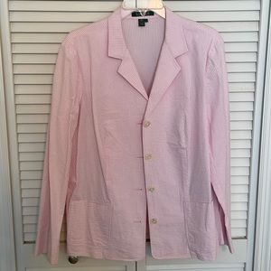 Pink and white striped seersucker suit hundred percent cotton